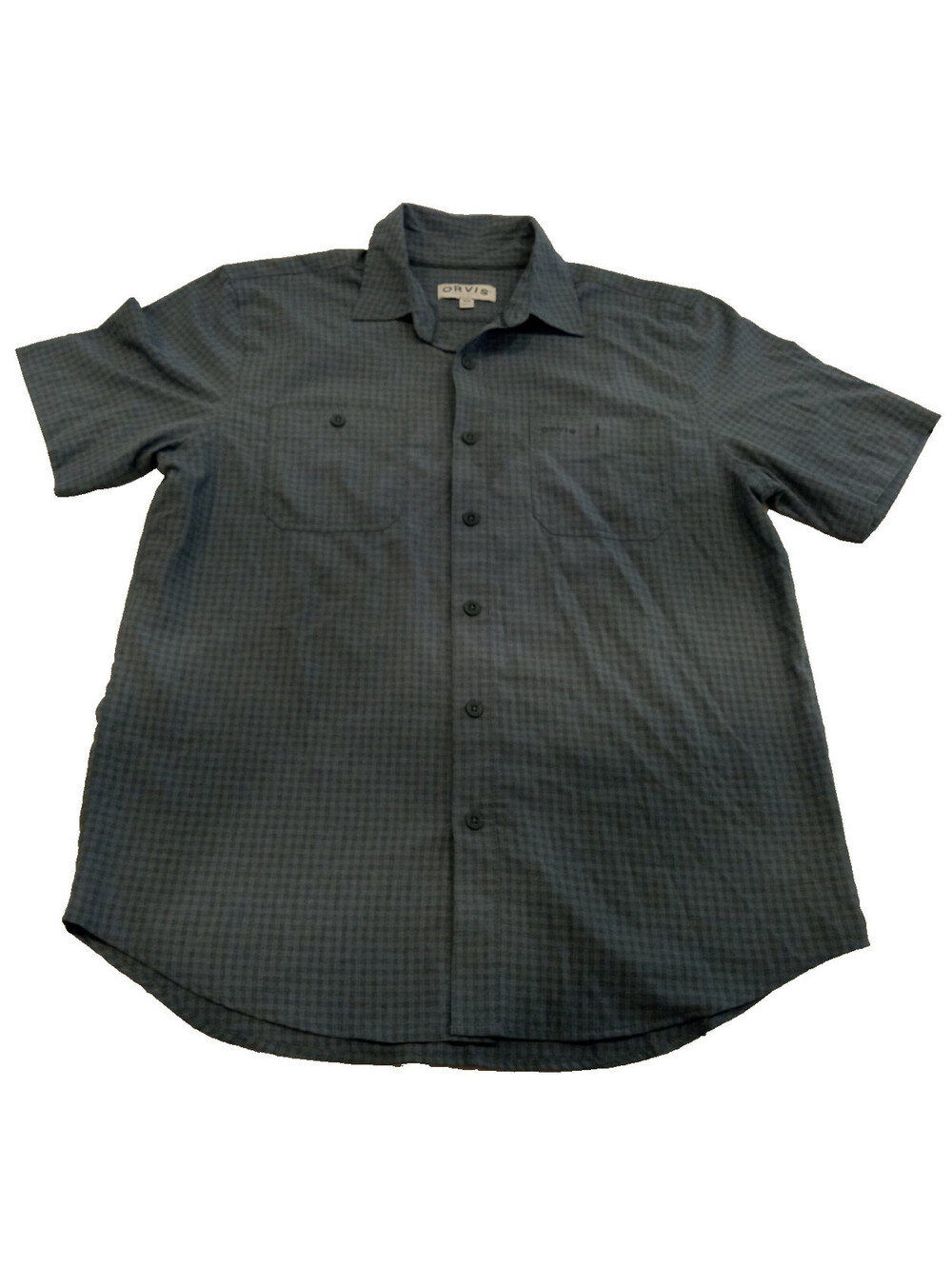 Orvis Shirt Mens Medium Muted Blue Green Micro Check Short Sleeve Button Down M